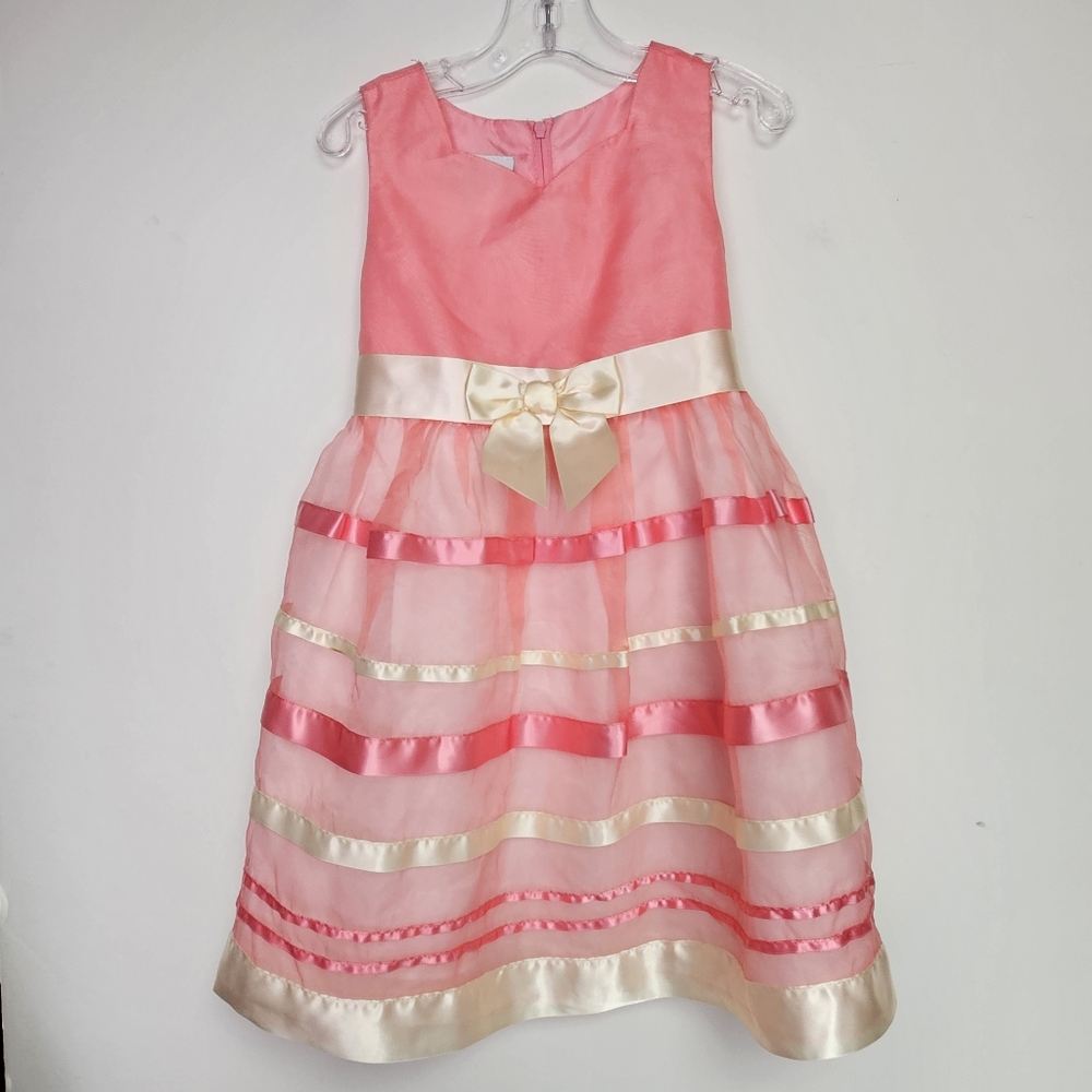 Bonnie Jean Dress Chiffon Peach Grosgrain Ribbon Trim Sz 5 Party Holiday
